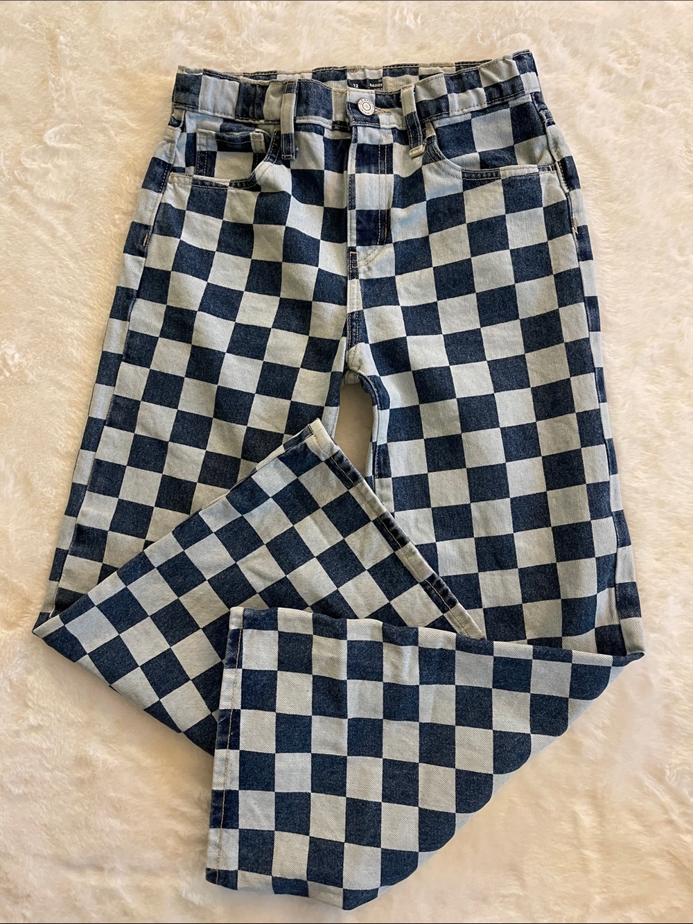 Checkerboard Pattern  kids Jeans - Blue and Cream  SZ 12